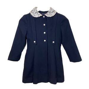 VTG 60s Rothschild Girls Navy Blue Wool Dress Coat Button Front Lace Collar 6X
